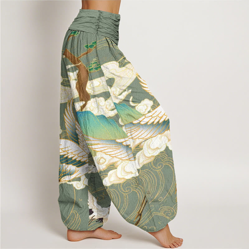 Pantalones harén de cintura elástica para mujer con diseño de grullas voladoras, árboles de nubes auspiciosas y Buddha Stones - image 6