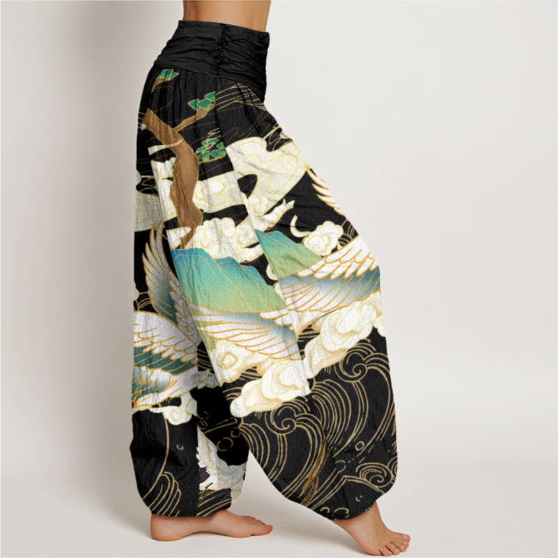 Pantalones harén de cintura elástica para mujer con diseño de grullas voladoras, árboles de nubes auspiciosas y Buddha Stones - image 2