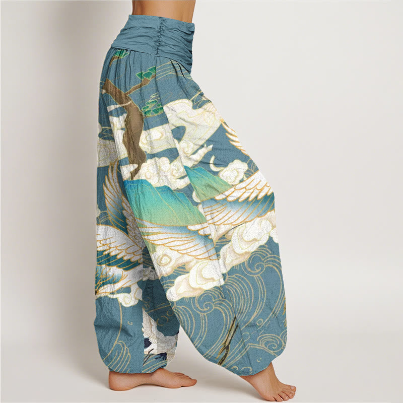 Pantalones bombachos de cintura elástica para mujer con estampado de Buddha Stones, grullas voladoras de algodón, nubes auspiciosas y árbol. - image 8
