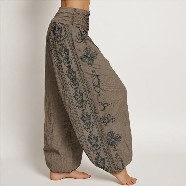 Pantalones bombachos de cintura elástica para mujer con diseño de flores de loto de algodón con Buddha Stones, doble dorje vajra namaste om. - image 9