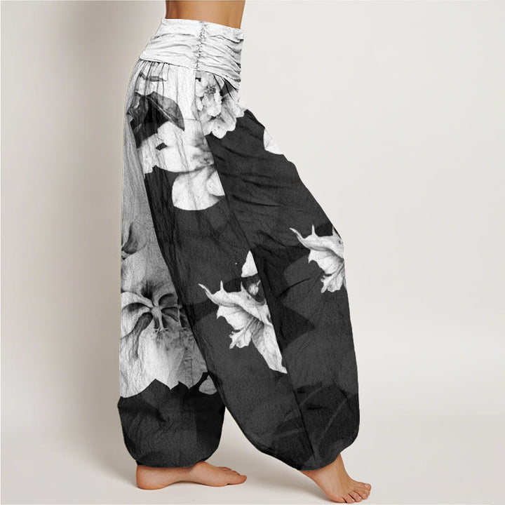 Pantalones bombachos de cintura elástica para mujer con estampado de camelias y Buddha Stones, de algodón. - image 2