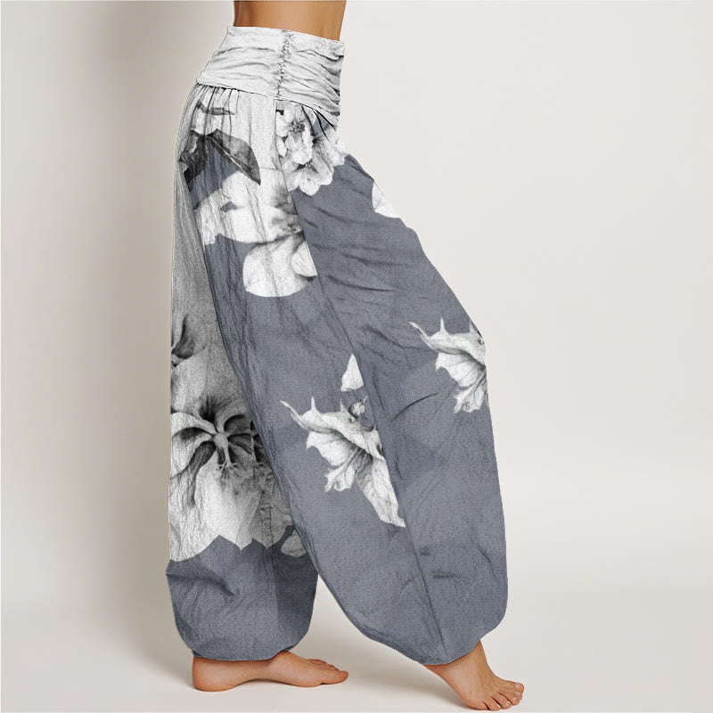 Pantalones bombachos de cintura elástica para mujer con estampado de camelias y Buddha Stones, de algodón. - image 6