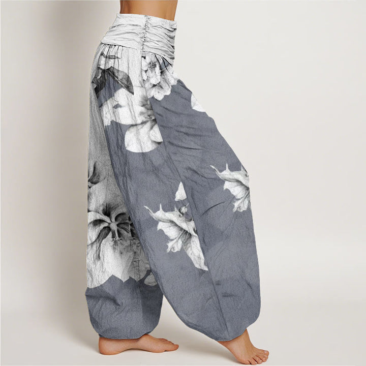 Pantalones bombachos de cintura elástica para mujer con estampado de camelias y Buddha Stones, de algodón. - image 6