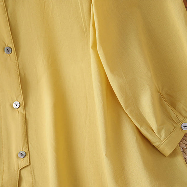 Camisa de lino y algodón con cuello redondo, manga tres cuartos y botones, con dobladillo de encaje liso y botonadura sencilla para mujer Buddha Stones - image 2