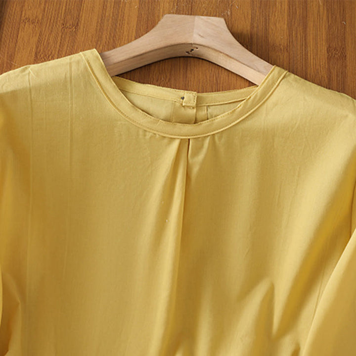 Camisa de lino y algodón con cuello redondo, manga tres cuartos y botones, con dobladillo de encaje liso y botonadura sencilla para mujer Buddha Stones - image 6