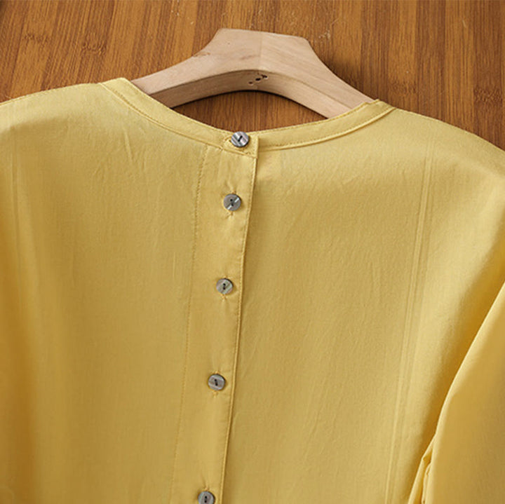 Camisa de lino y algodón con cuello redondo, manga tres cuartos y botones, con dobladillo de encaje liso y botonadura sencilla para mujer Buddha Stones - image 5