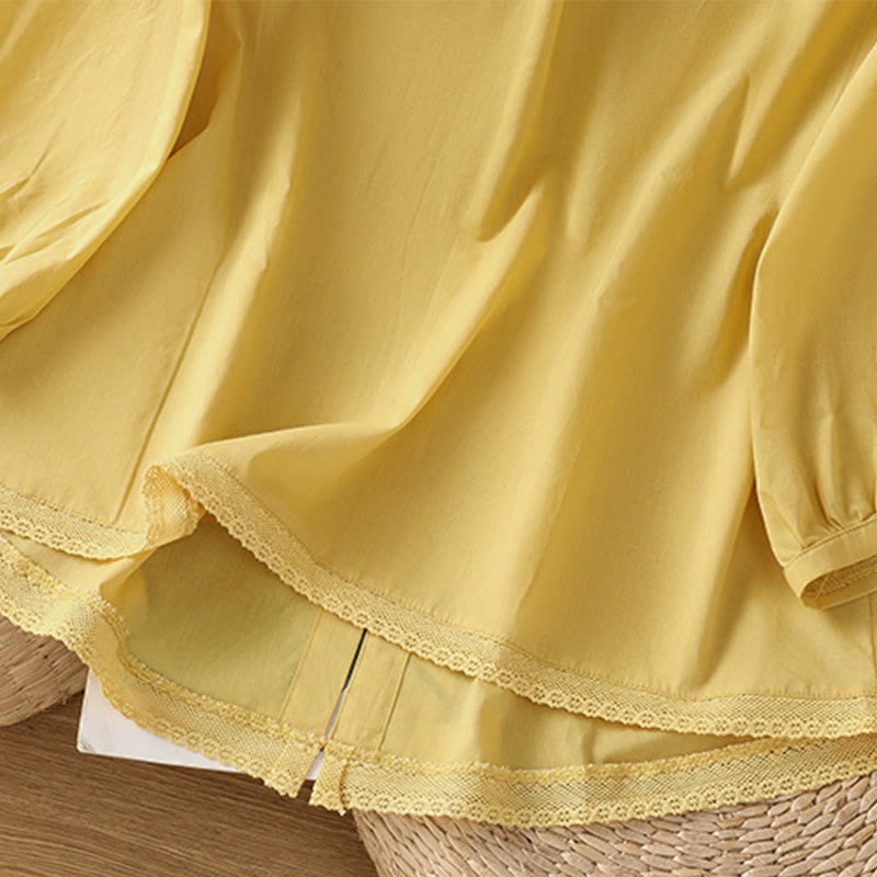 Camisa de lino y algodón con cuello redondo, manga tres cuartos y botones, con dobladillo de encaje liso y botonadura sencilla para mujer Buddha Stones - image 7