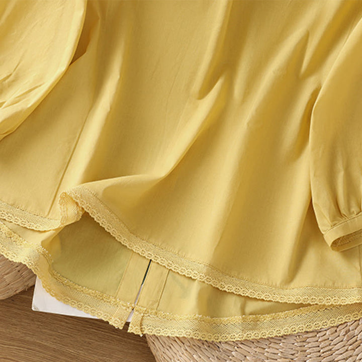 Camisa de lino y algodón con cuello redondo, manga tres cuartos y botones, con dobladillo de encaje liso y botonadura sencilla para mujer Buddha Stones - image 7