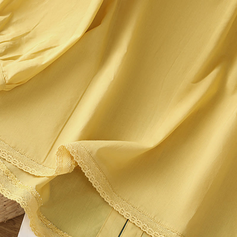 Camisa de lino y algodón con cuello redondo, manga tres cuartos y botones, con dobladillo de encaje liso y botonadura sencilla para mujer Buddha Stones - image 4