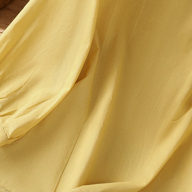 Camisa de lino y algodón con cuello redondo, manga tres cuartos y botones, con dobladillo de encaje liso y botonadura sencilla para mujer Buddha Stones - image 8