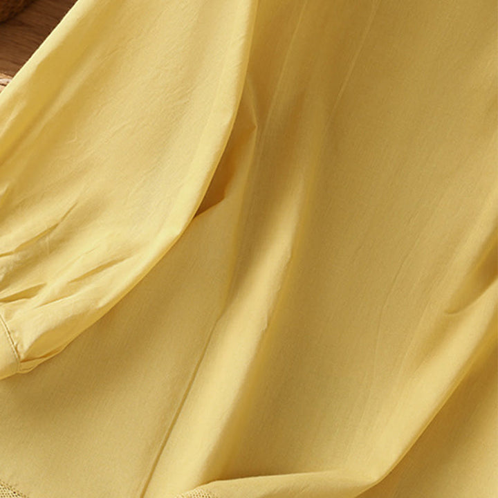 Camisa de lino y algodón con cuello redondo, manga tres cuartos y botones, con dobladillo de encaje liso y botonadura sencilla para mujer Buddha Stones - image 8