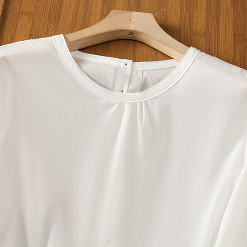 Camisa de lino y algodón con cuello redondo, manga tres cuartos y botones, con dobladillo de encaje liso y botonadura sencilla para mujer Buddha Stones - image 11