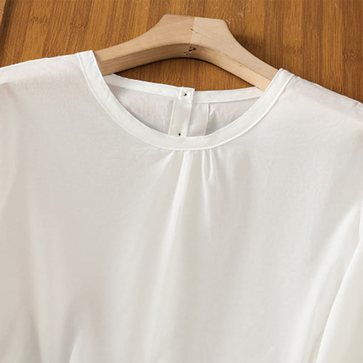 Camisa de lino y algodón con cuello redondo, manga tres cuartos y botones, con dobladillo de encaje liso y botonadura sencilla para mujer Buddha Stones - image 11