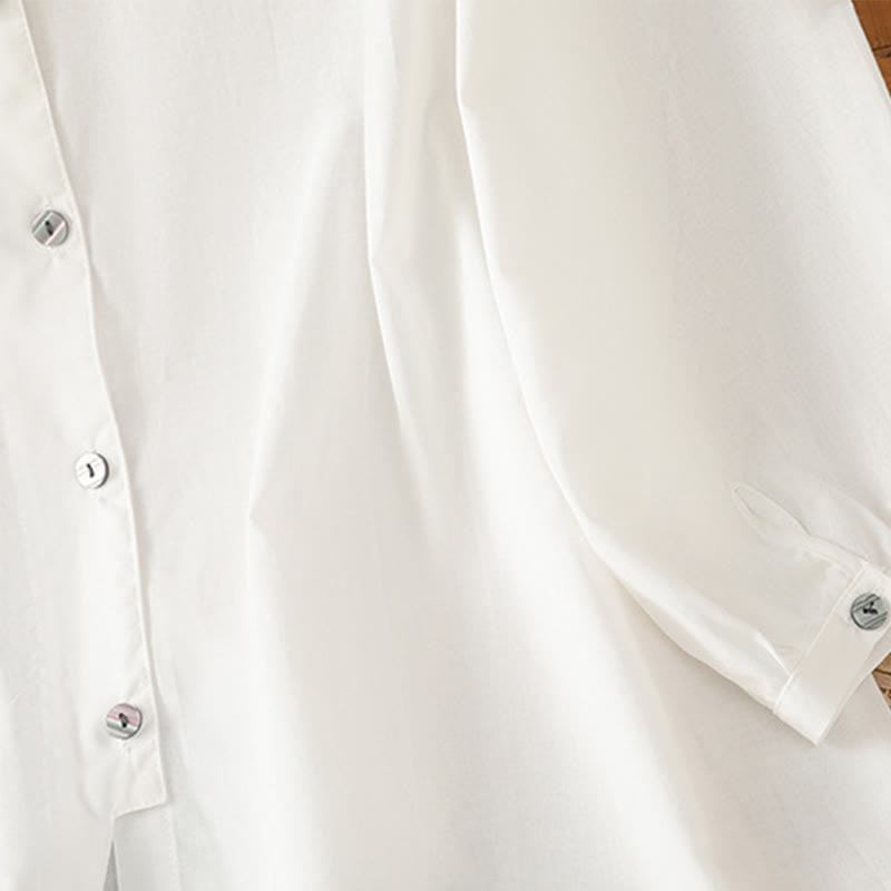 Camisa de lino y algodón con cuello redondo, manga tres cuartos y botones, con dobladillo de encaje liso y botonadura sencilla para mujer Buddha Stones - image 15