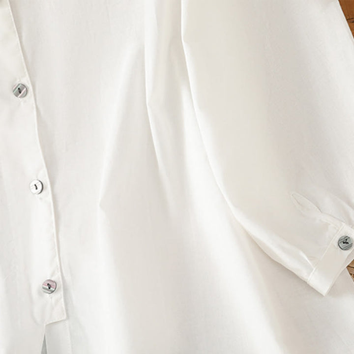 Camisa de lino y algodón con cuello redondo, manga tres cuartos y botones, con dobladillo de encaje liso y botonadura sencilla para mujer Buddha Stones - image 15