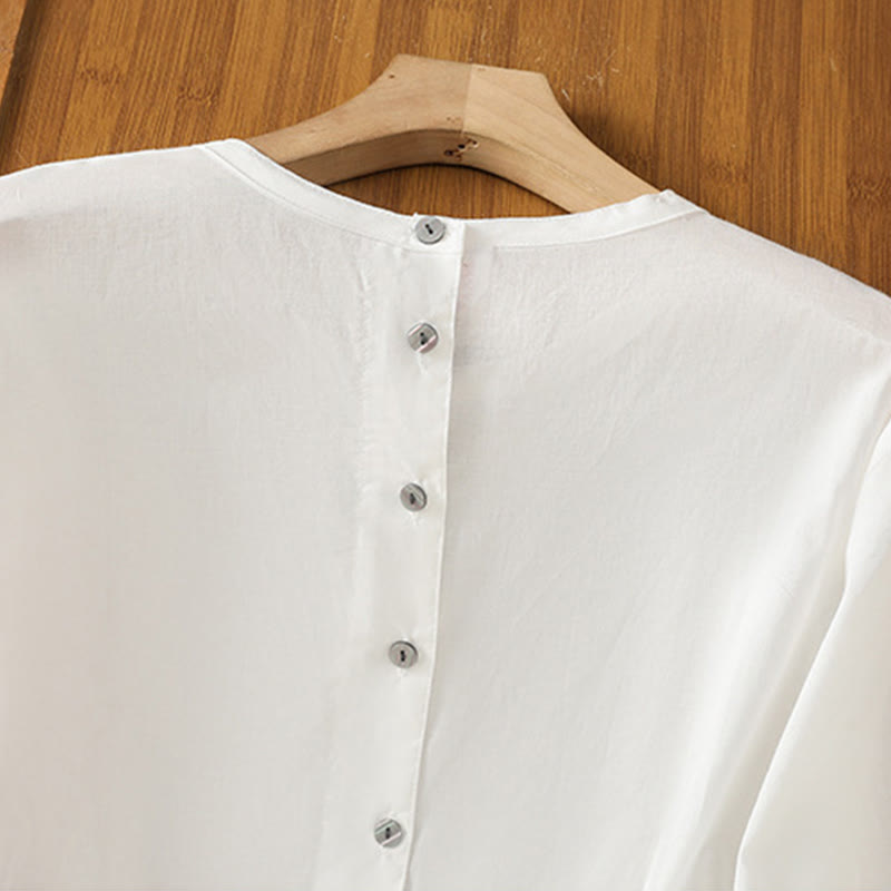 Camisa de lino y algodón con cuello redondo, manga tres cuartos y botones, con dobladillo de encaje liso y botonadura sencilla para mujer Buddha Stones - image 16