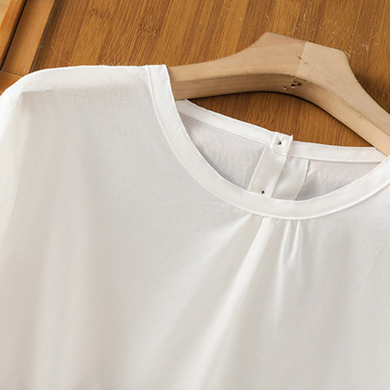 Camisa de lino y algodón con cuello redondo, manga tres cuartos y botones, con dobladillo de encaje liso y botonadura sencilla para mujer Buddha Stones - image 12