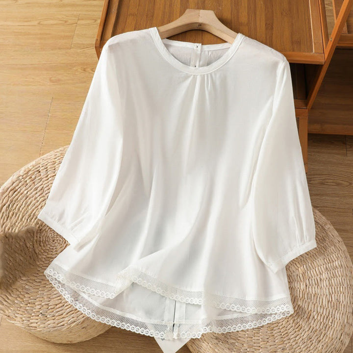 Camisa de lino y algodón con cuello redondo, manga tres cuartos y botones, con dobladillo de encaje liso y botonadura sencilla para mujer Buddha Stones - Blanco - US14，UK/AU18，EU46 (2XL) - image 9