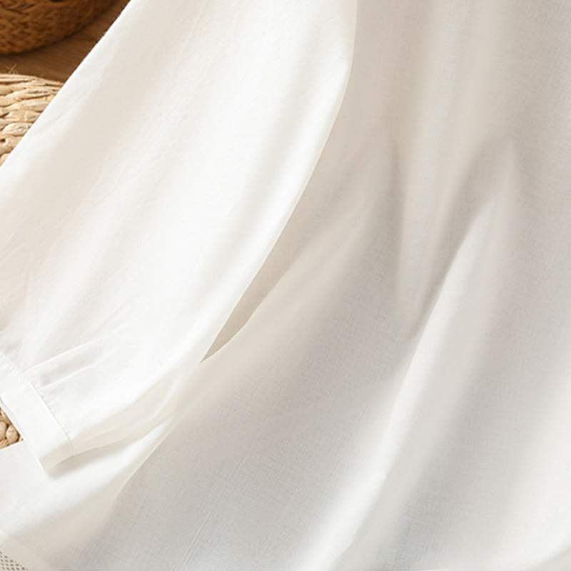 Camisa de lino y algodón con cuello redondo, manga tres cuartos y botones, con dobladillo de encaje liso y botonadura sencilla para mujer Buddha Stones - image 17