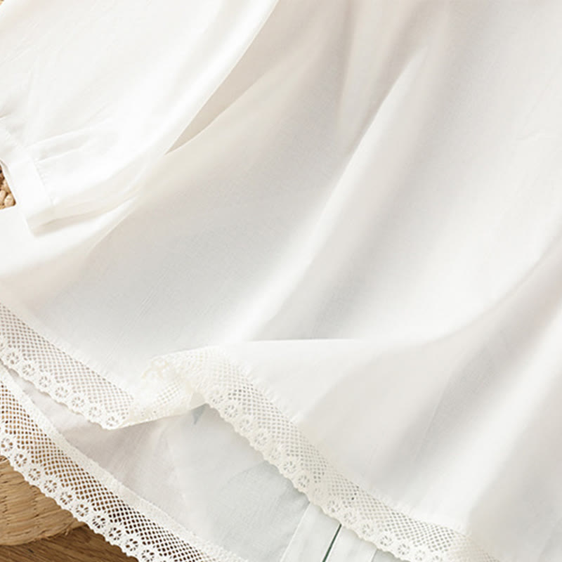 Camisa de lino y algodón con cuello redondo, manga tres cuartos y botones, con dobladillo de encaje liso y botonadura sencilla para mujer Buddha Stones - image 13