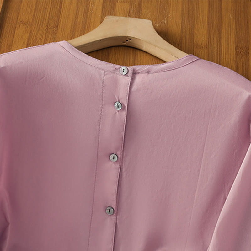 Camisa de lino y algodón con cuello redondo, manga tres cuartos y botones, con dobladillo de encaje liso y botonadura sencilla para mujer Buddha Stones - image 21