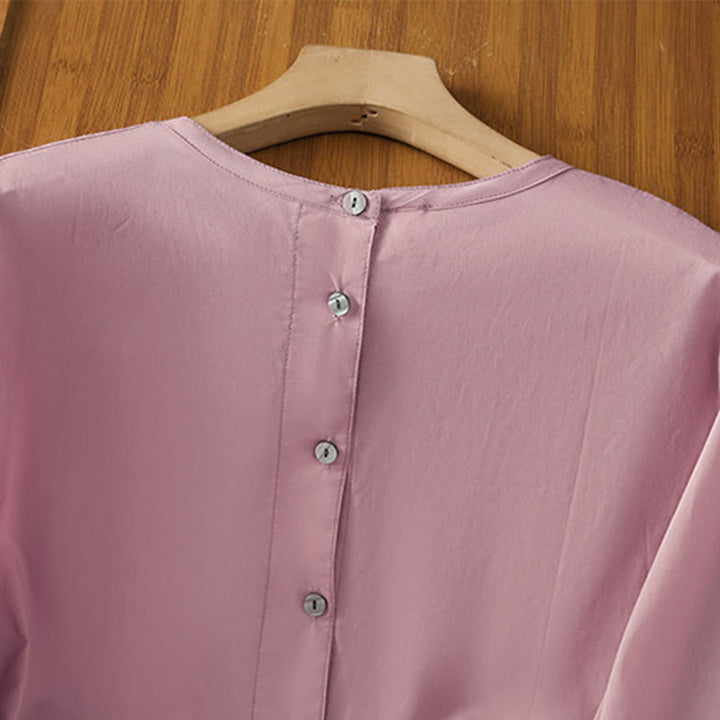 Camisa de lino y algodón con cuello redondo, manga tres cuartos y botones, con dobladillo de encaje liso y botonadura sencilla para mujer Buddha Stones - image 21