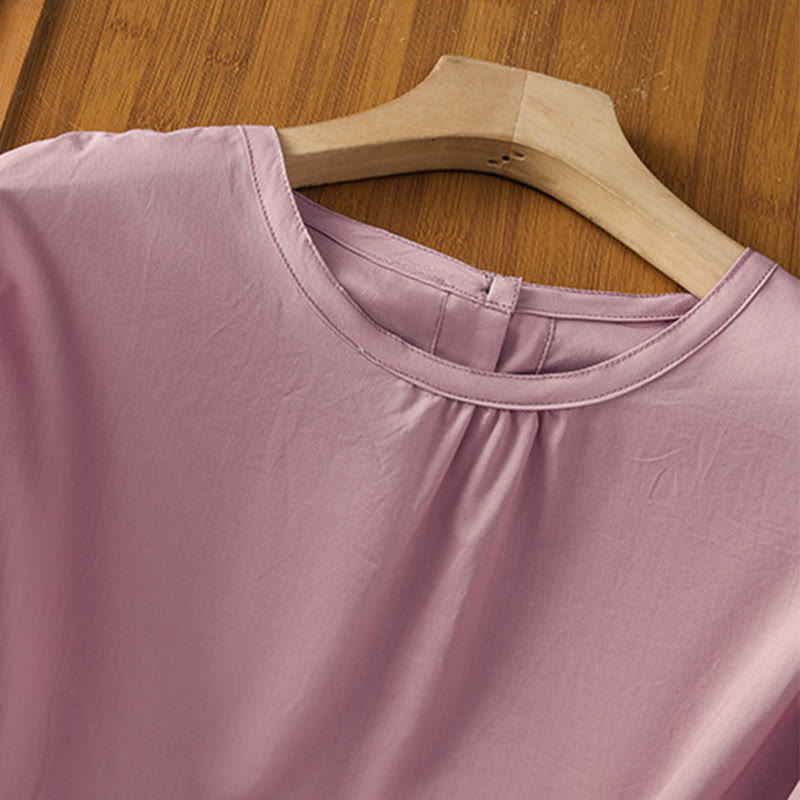 Camisa de lino y algodón con cuello redondo, manga tres cuartos y botones, con dobladillo de encaje liso y botonadura sencilla para mujer Buddha Stones - image 25