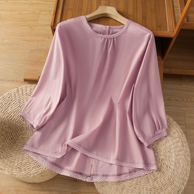 Camisa de lino y algodón con cuello redondo, manga tres cuartos y botones, con dobladillo de encaje liso y botonadura sencilla para mujer Buddha Stones - Ciruela - US14，UK/AU18，EU46 (2XL) - image 18