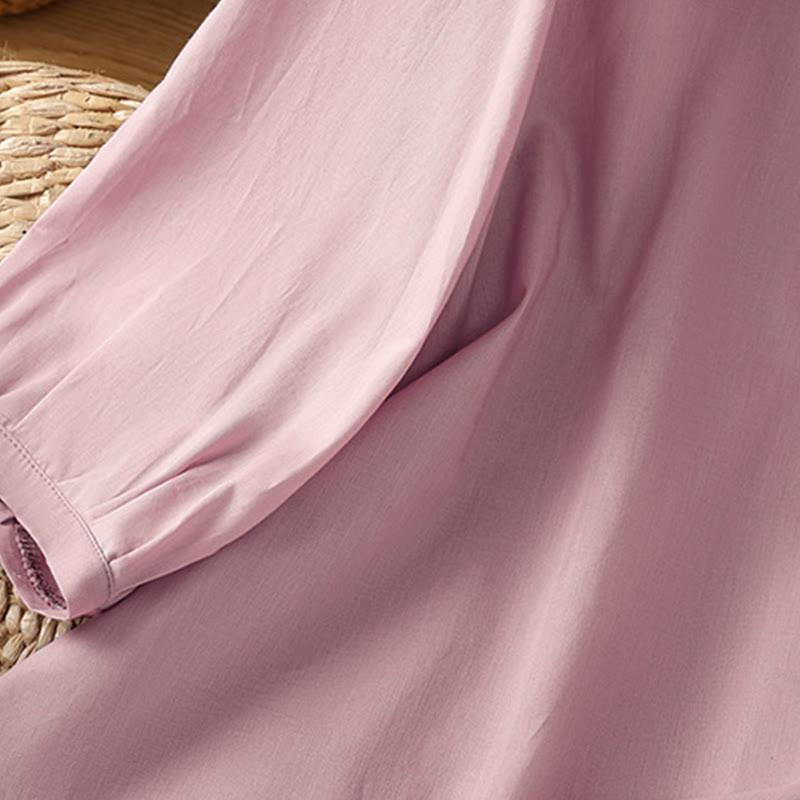 Camisa de lino y algodón con cuello redondo, manga tres cuartos y botones, con dobladillo de encaje liso y botonadura sencilla para mujer Buddha Stones - image 23