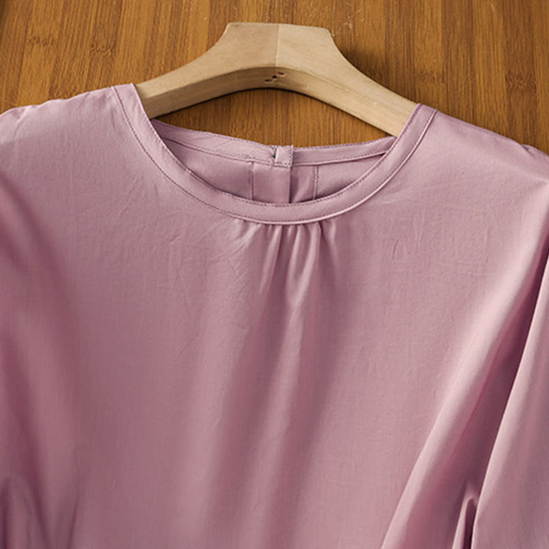 Camisa de lino y algodón con cuello redondo, manga tres cuartos y botones, con dobladillo de encaje liso y botonadura sencilla para mujer Buddha Stones - image 22