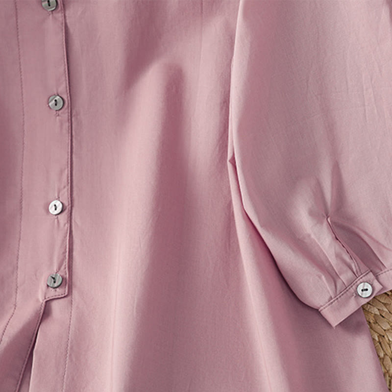 Camisa de lino y algodón con cuello redondo, manga tres cuartos y botones, con dobladillo de encaje liso y botonadura sencilla para mujer Buddha Stones - image 20