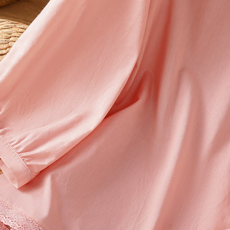 Camisa de lino y algodón con cuello redondo, manga tres cuartos y botones, con dobladillo de encaje liso y botonadura sencilla para mujer Buddha Stones - image 29