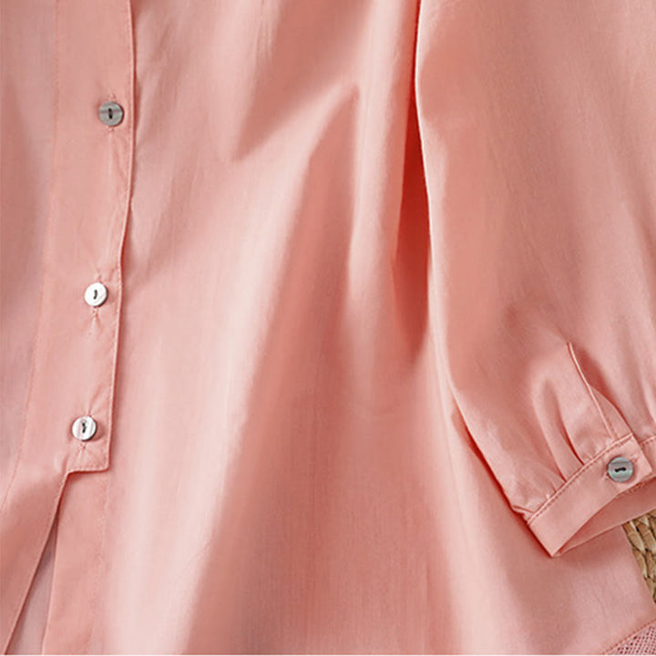 Camisa de lino y algodón con cuello redondo, manga tres cuartos y botones, con dobladillo de encaje liso y botonadura sencilla para mujer Buddha Stones - image 31