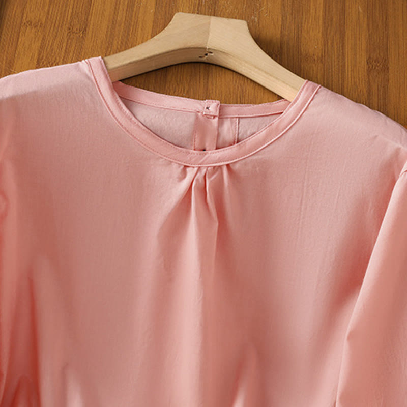 Camisa de lino y algodón con cuello redondo, manga tres cuartos y botones, con dobladillo de encaje liso y botonadura sencilla para mujer Buddha Stones - image 28