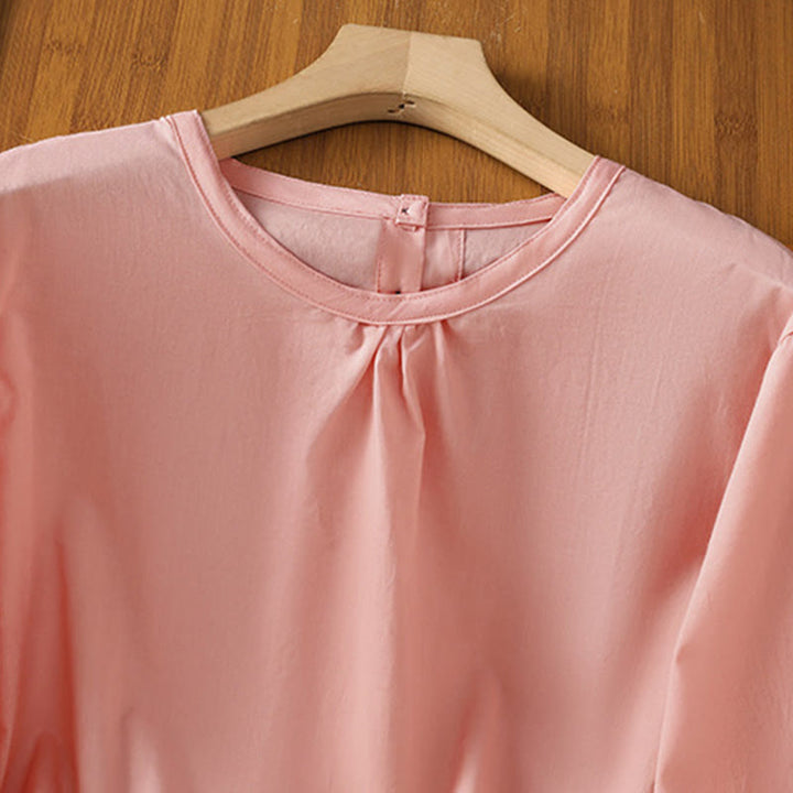 Camisa de lino y algodón con cuello redondo, manga tres cuartos y botones, con dobladillo de encaje liso y botonadura sencilla para mujer Buddha Stones - image 28