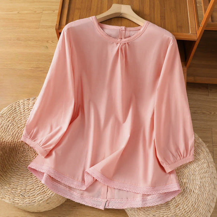 Camisa de lino y algodón con cuello redondo, manga tres cuartos y botones, con dobladillo de encaje liso y botonadura sencilla para mujer Buddha Stones - Rosa - US14，UK/AU18，EU46 (2XL) - image 26