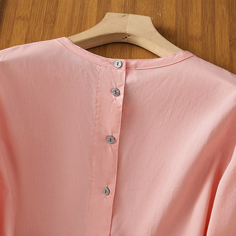 Camisa de lino y algodón con cuello redondo, manga tres cuartos y botones, con dobladillo de encaje liso y botonadura sencilla para mujer Buddha Stones - image 32