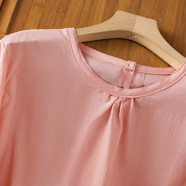 Camisa de lino y algodón con cuello redondo, manga tres cuartos y botones, con dobladillo de encaje liso y botonadura sencilla para mujer Buddha Stones - image 30