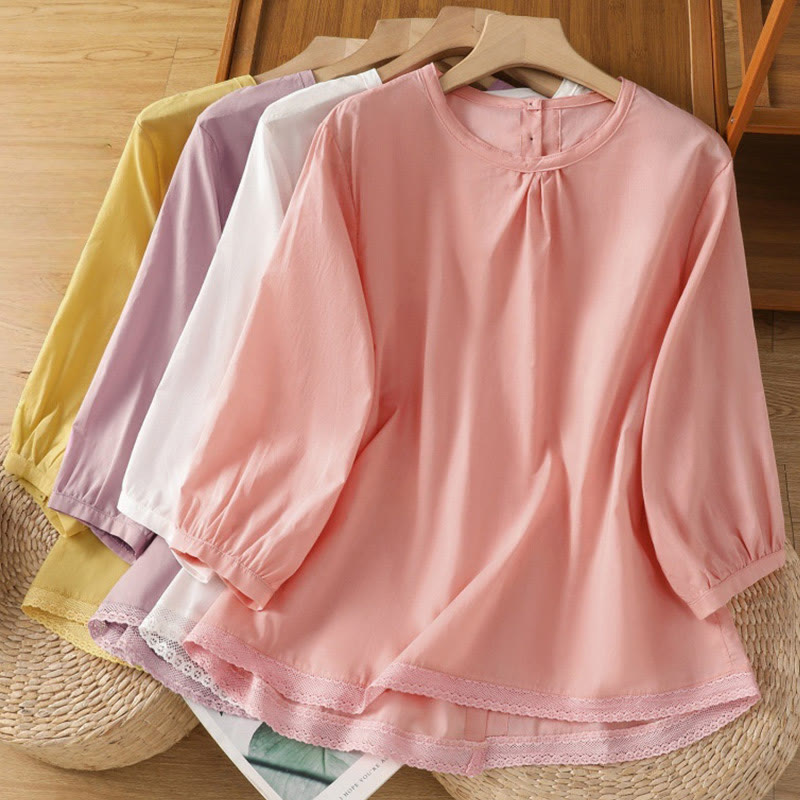 Camisa de lino y algodón con cuello redondo, manga tres cuartos y botones, con dobladillo de encaje liso y botonadura sencilla para mujer Buddha Stones - image 36