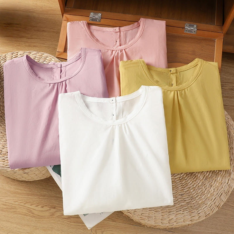 Camisa de lino y algodón con cuello redondo, manga tres cuartos y botones, con dobladillo de encaje liso y botonadura sencilla para mujer Buddha Stones - image 35