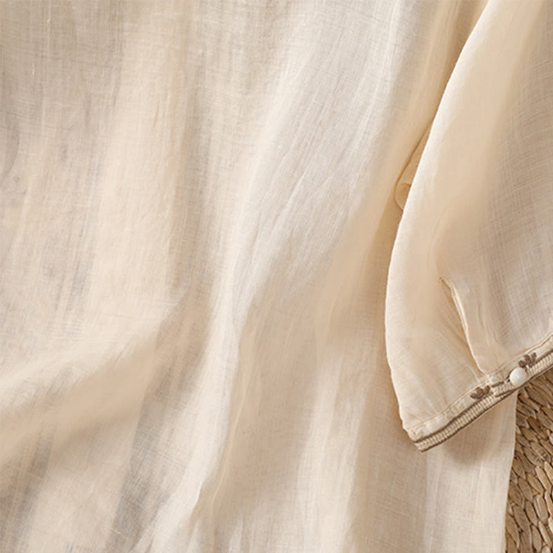 Camisa informal de poliéster con cuello en V y media manga con botones de rana y bordado de Buddha Stones para mujer - image 2