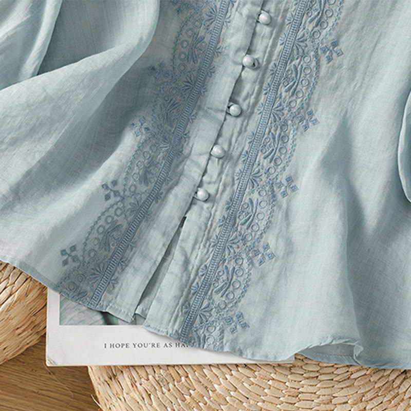 Camisa informal de poliéster con cuello en V y media manga con botones de rana y bordado de Buddha Stones para mujer - image 10