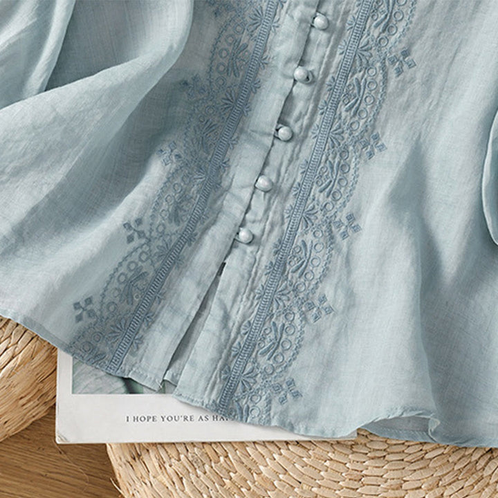 Camisa informal de poliéster con cuello en V y media manga con botones de rana y bordado de Buddha Stones para mujer - image 10