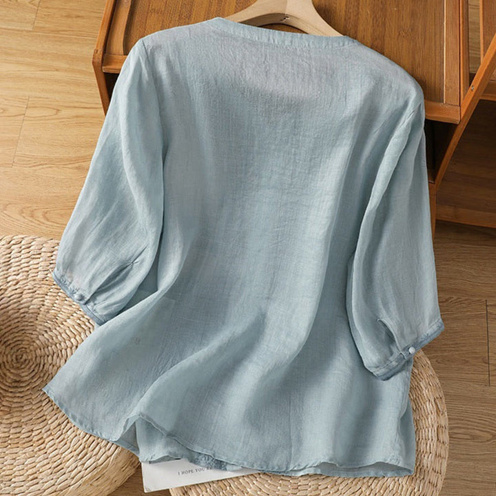 Camisa informal de poliéster con cuello en V y media manga con botones de rana y bordado de Buddha Stones para mujer - image 6