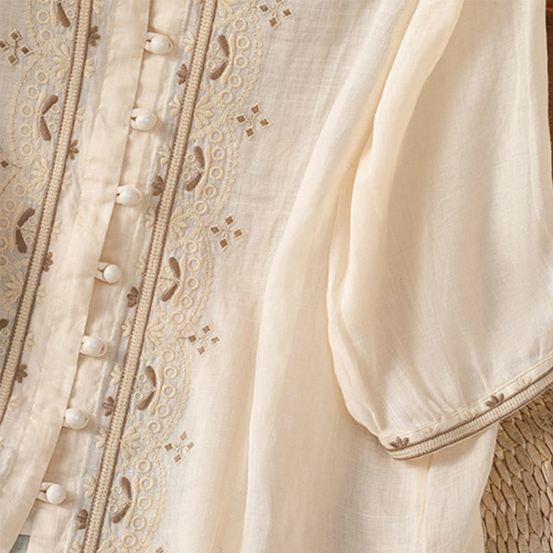 Camisa informal de poliéster con cuello en V y media manga con botones de rana y bordado de Buddha Stones para mujer - image 3