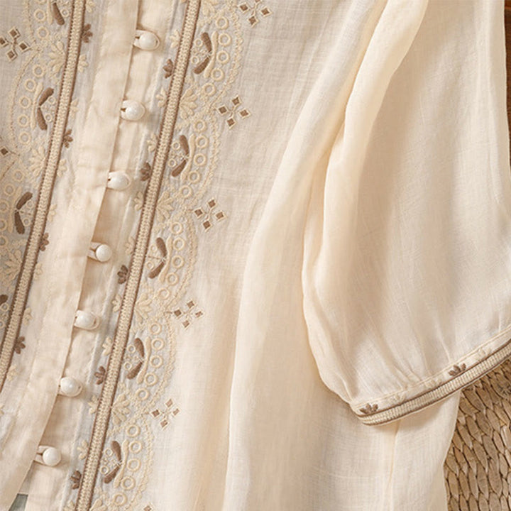 Camisa informal de poliéster con cuello en V y media manga con botones de rana y bordado de Buddha Stones para mujer - image 3