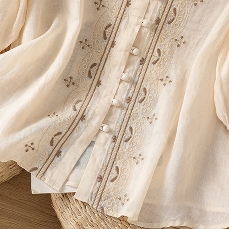 Camisa informal de poliéster con cuello en V y media manga con botones de rana y bordado de Buddha Stones para mujer - image 4