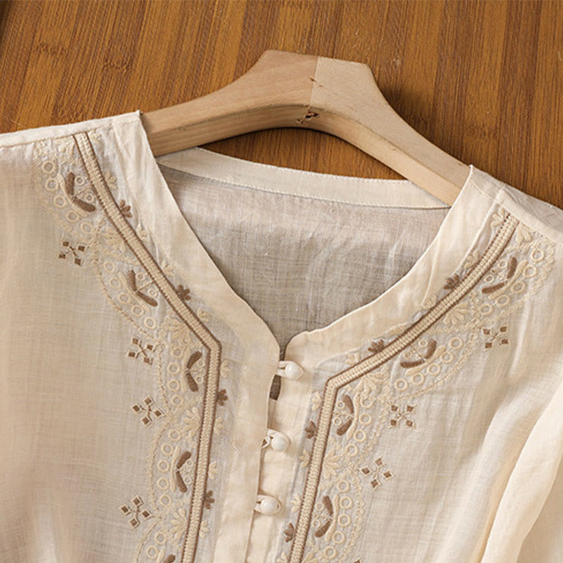 Camisa informal de poliéster con cuello en V y media manga con botones de rana y bordado de Buddha Stones para mujer - image 1