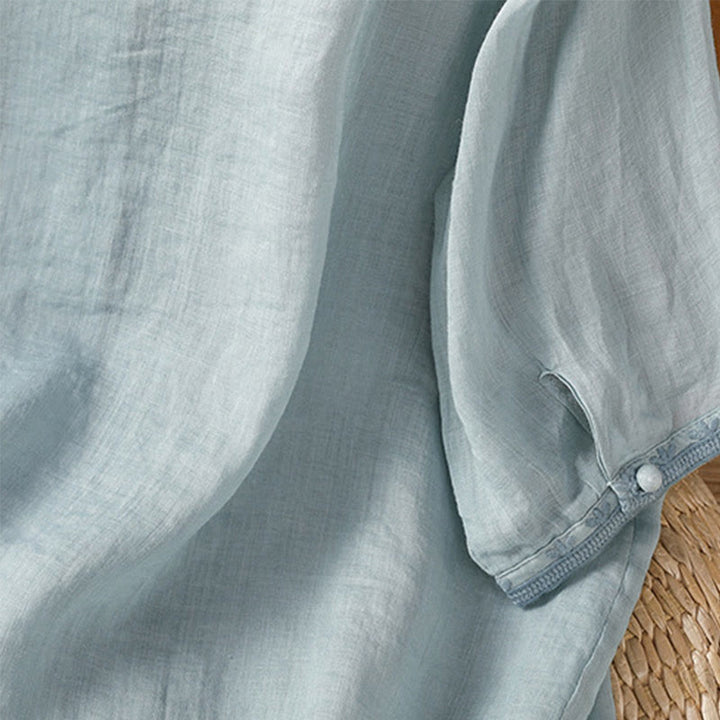 Camisa informal de poliéster con cuello en V y media manga con botones de rana y bordado de Buddha Stones para mujer - image 7