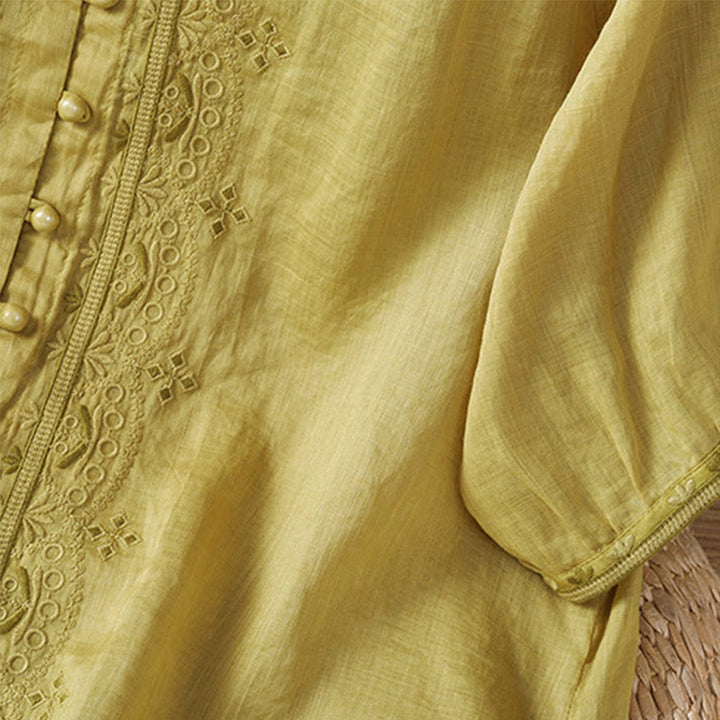 Camisa informal de poliéster con cuello en V y media manga con botones de rana y bordado de Buddha Stones para mujer - image 13